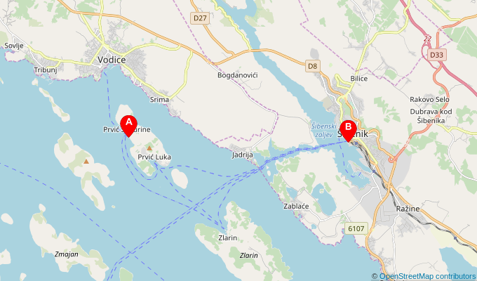 Map of ferry route between Sepurine and Sibenik